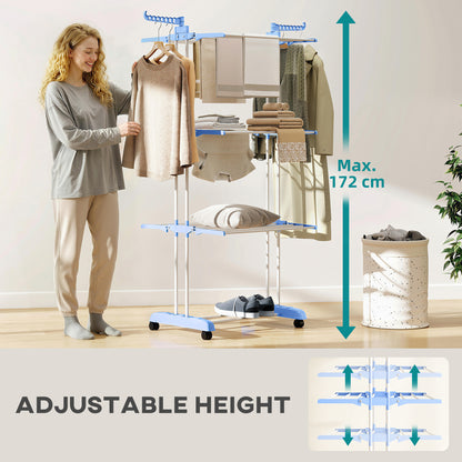 Foldable Clothes Drying Rack, 4-Tier Steel Laundry Rack for Drying Clothes with 2 Side Wings and 4 Castors, Indoor and O