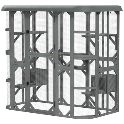 Catio Outdoor Cat Enclosure, 71" Wooden Cat House with Platforms, Condos and Waterproof Cover for 2–3 Kittens, Grey