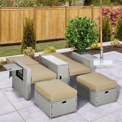 5PC Wicker Patio Lounger, Outdoor PE Rattan 5-level Adjustable Recliner Sofa Bed with Storage Side Table and Footstools,