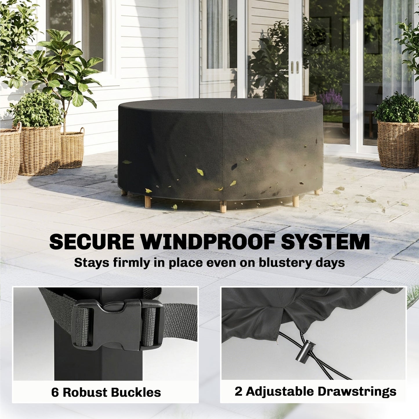 Heavy Duty Outdoor Patio Furniture Cover, Waterproof Round Table Cover for Weather Protection 84.3" Dia. x 27.6"H, Black