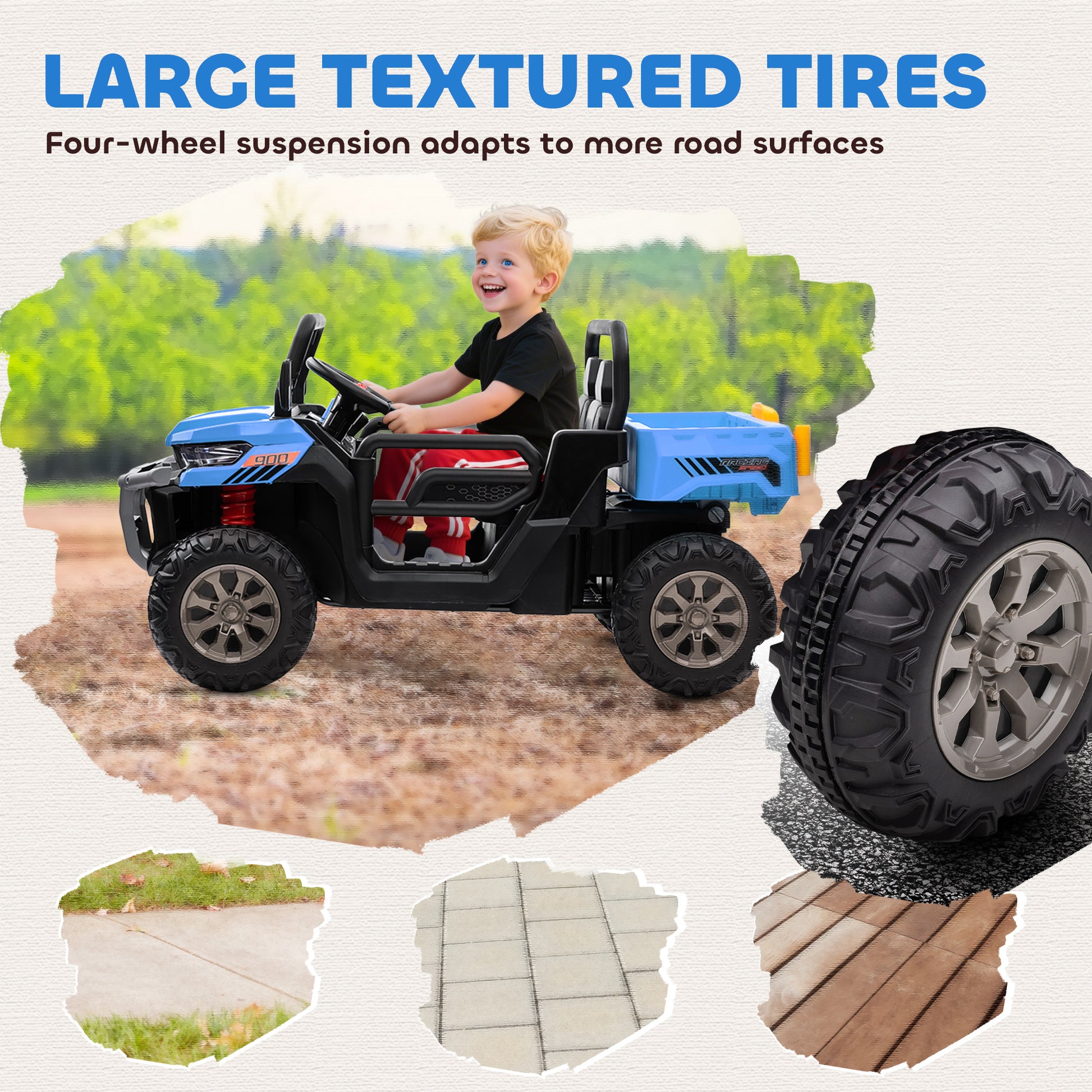 VarietyKart 12V Ride on Car with Electric Bucket, Two-Seater, Shovel, Remote Control, Spring Suspension, Horn, Music, Bl