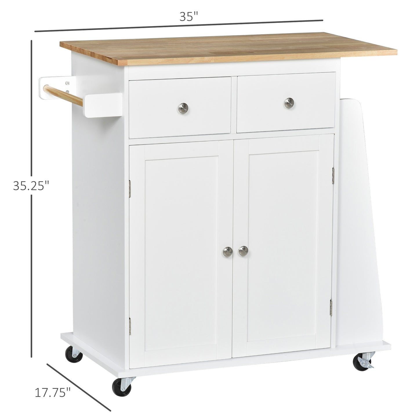 Rolling Kitchen Island Trolley Storage Cart with Rubber Wood Top, 3-Tier Spice Rack, Towel Rack Home Kitchen Carts, Whit