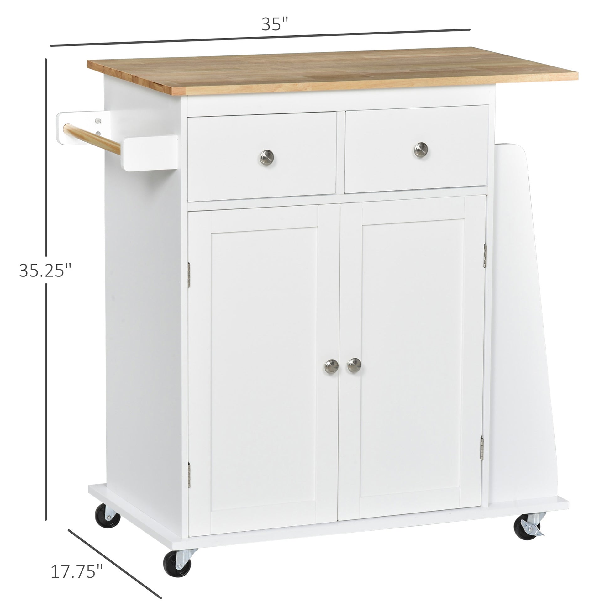 Rolling Kitchen Island Trolley Storage Cart with Rubber Wood Top, 3-Tier Spice Rack, Towel Rack Home Kitchen Carts, Whit