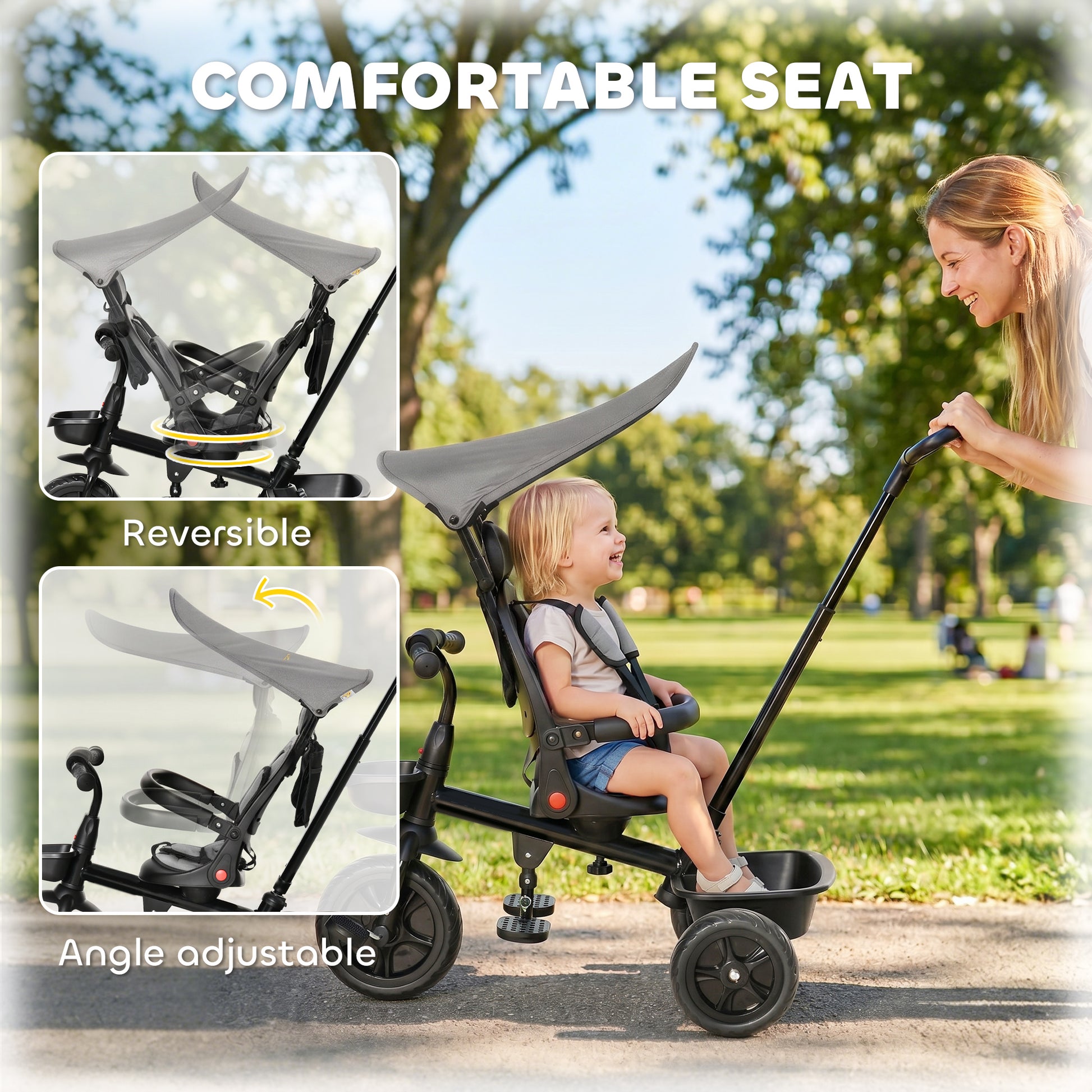 Qaba Tricycle for Toddler 5 in 1 Kids Trike, Converts Stroller to Toddler Bike, Adjustable Backrest & Flat Canopy, Detac