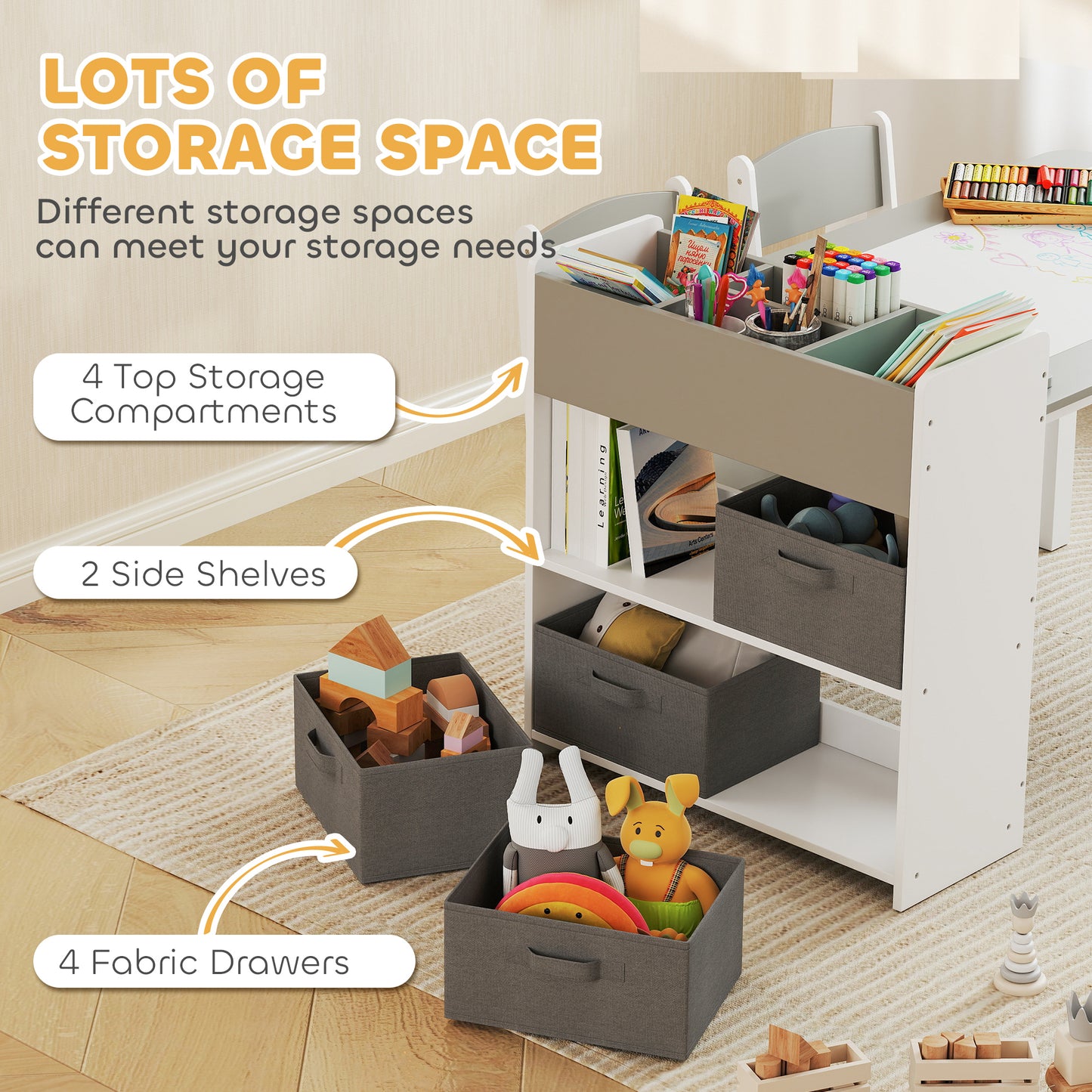 Qaba Kids Table and Chairs Set, Toddler Art Table and Chair Set with Paper Roll, Storage Shelves and Drawers, Grey