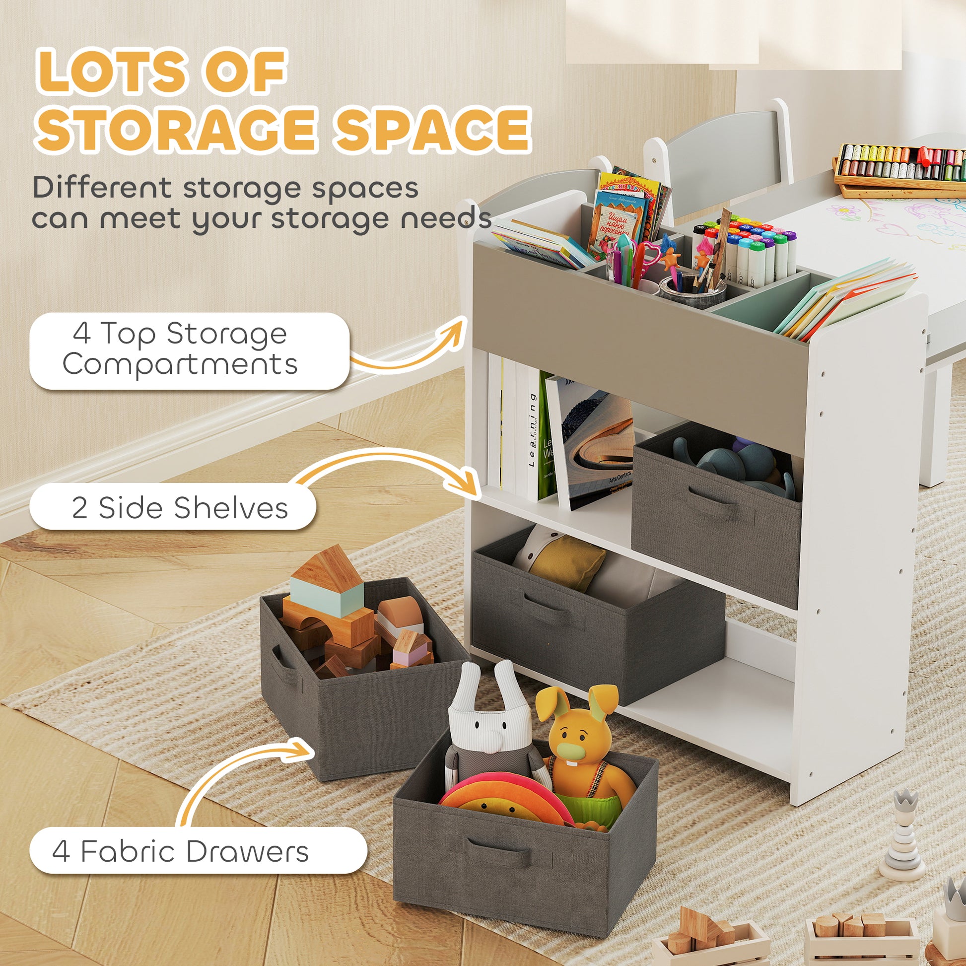 Qaba Kids Table and Chairs Set, Toddler Art Table and Chair Set with Paper Roll, Storage Shelves and Drawers, Grey