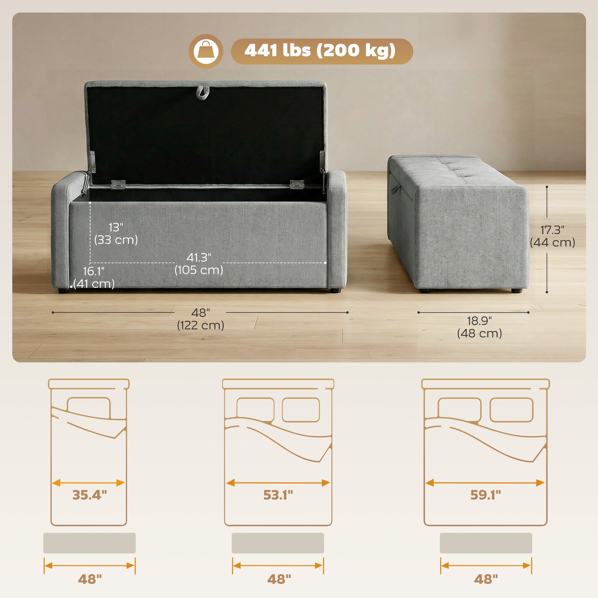Storage Ottoman Bench, Linen-Look Fabric Upholstered Ottoman with Storage, Wide Padded Seat, Light Grey
