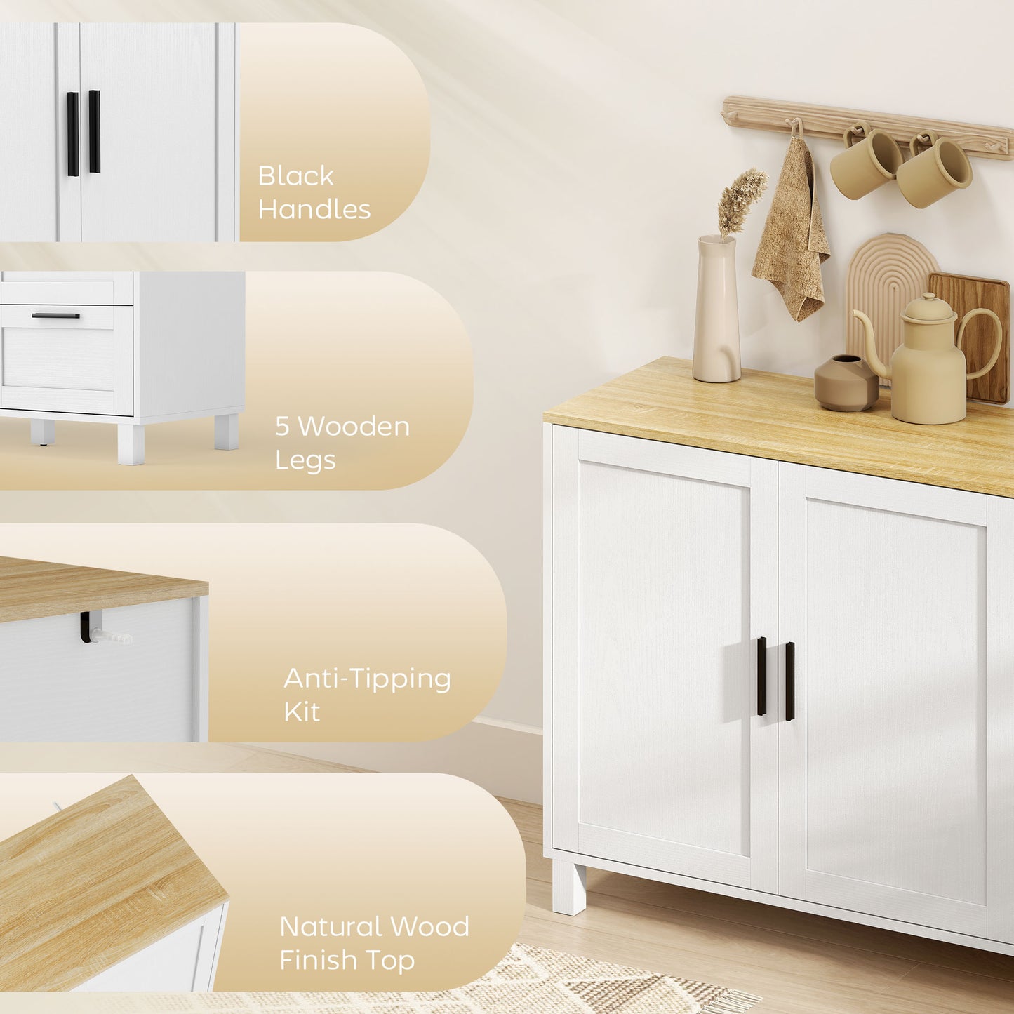 Buffet Cabinet with Soft-Close Doors, Modern Sideboard with 3 Drawers for Living Room, Kitchen, Dining Room, White