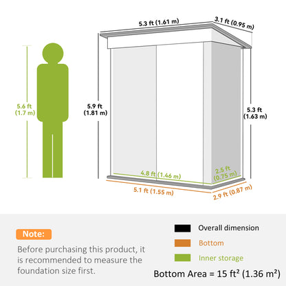 Outdoor Storage Shed, Steel Lean-to Shed with Adjustable Shelf, Lock, Gloves, 5'x3'x6', Grey