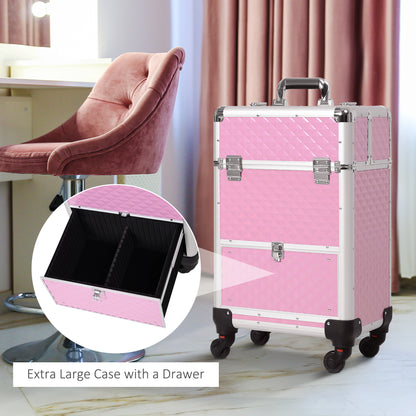 Portable Aluminum Makeup Train Cases, Rolling Makeup Case, Salon Beauty Cosmetic Jewelry Organizer Trolley with 4 Wheels