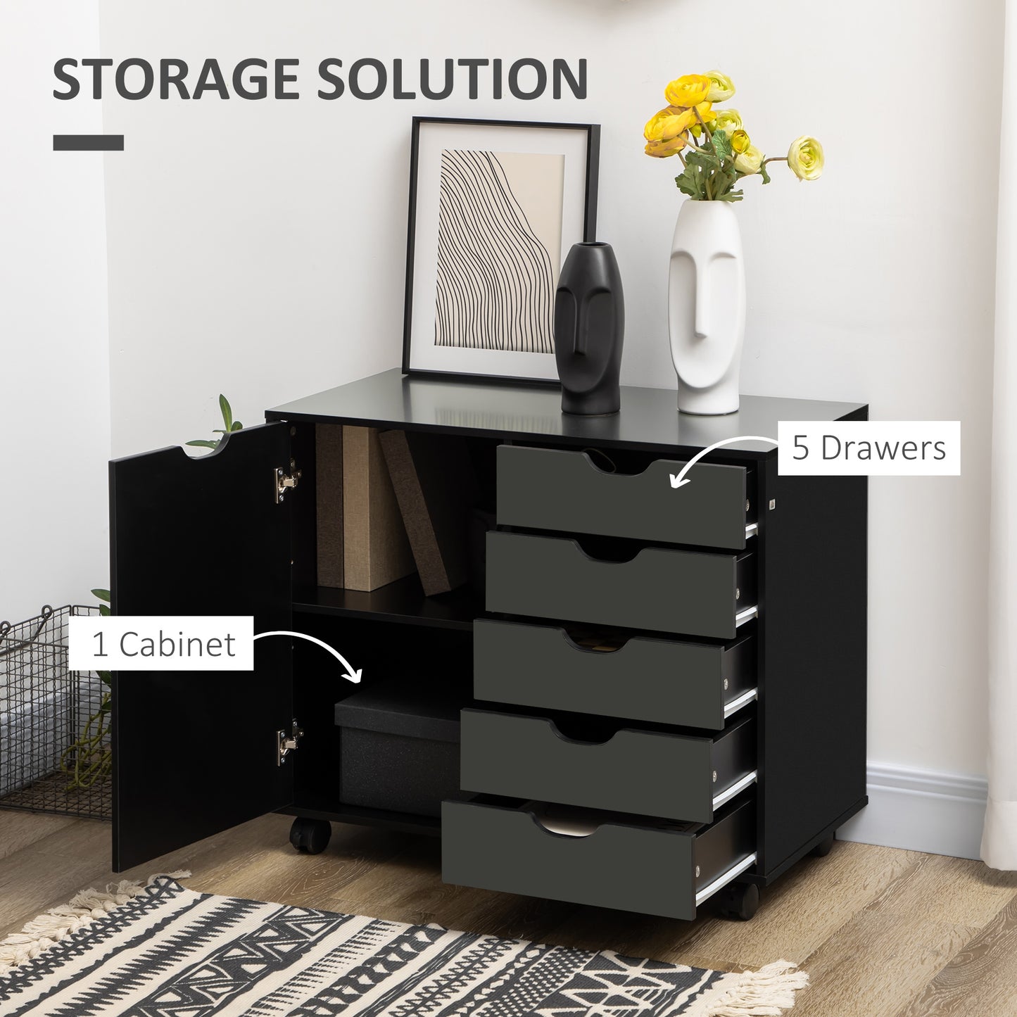 Lateral Filing Cabinet, 5-Drawers File Cabinet with Door and Adjustable Shelf, Mobile Office Storage Cabinet on Wheels, 