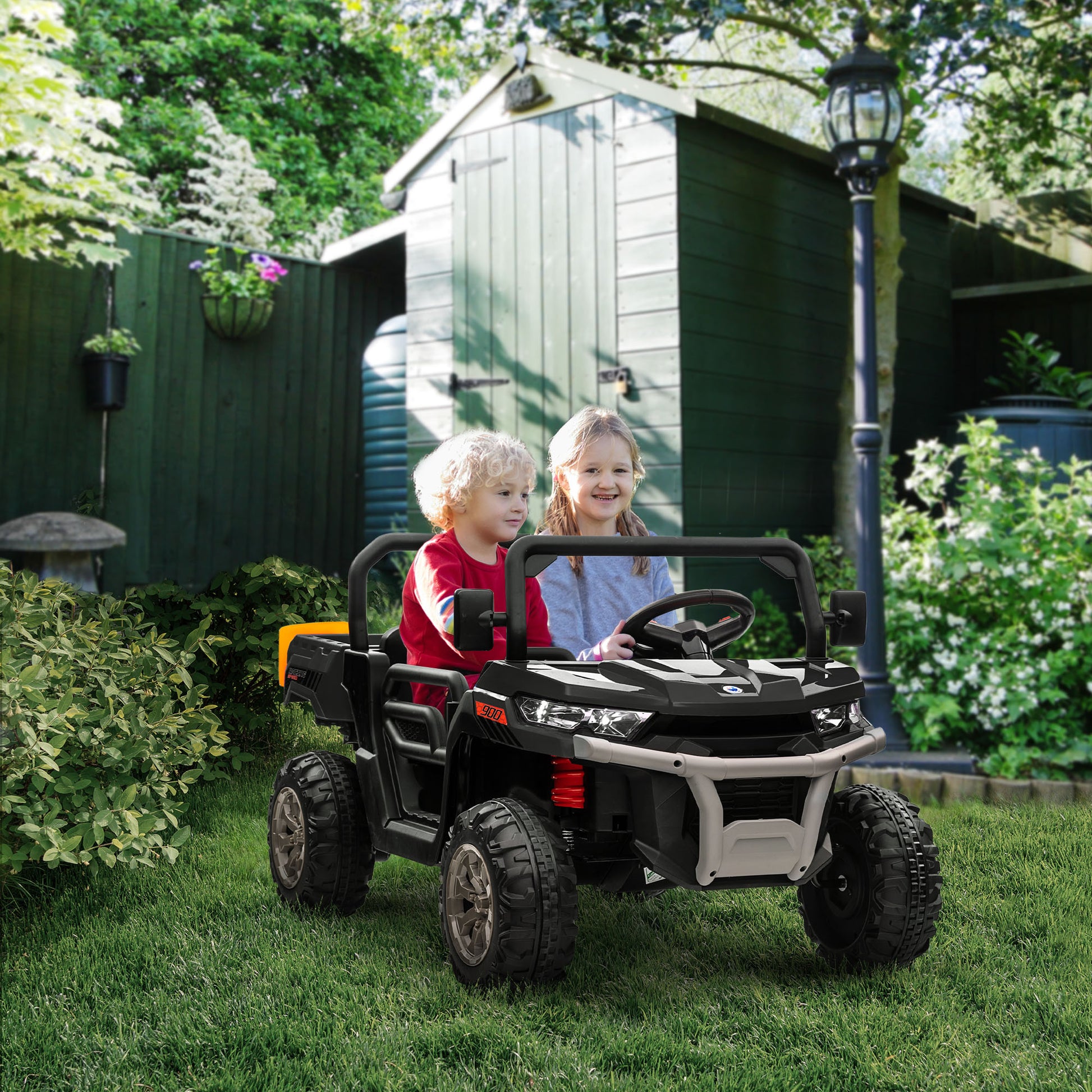 VarietyKart 12V Ride on Car with Electric Bucket, Two-Seater, Shovel, Remote Control, Spring Suspension, Horn, Music, Bl