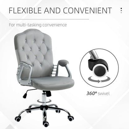Office Chair, Velvet Computer Desk Chair with Swivel Wheels, Adjustable Height, Tilt Function, Button Tufted, Grey