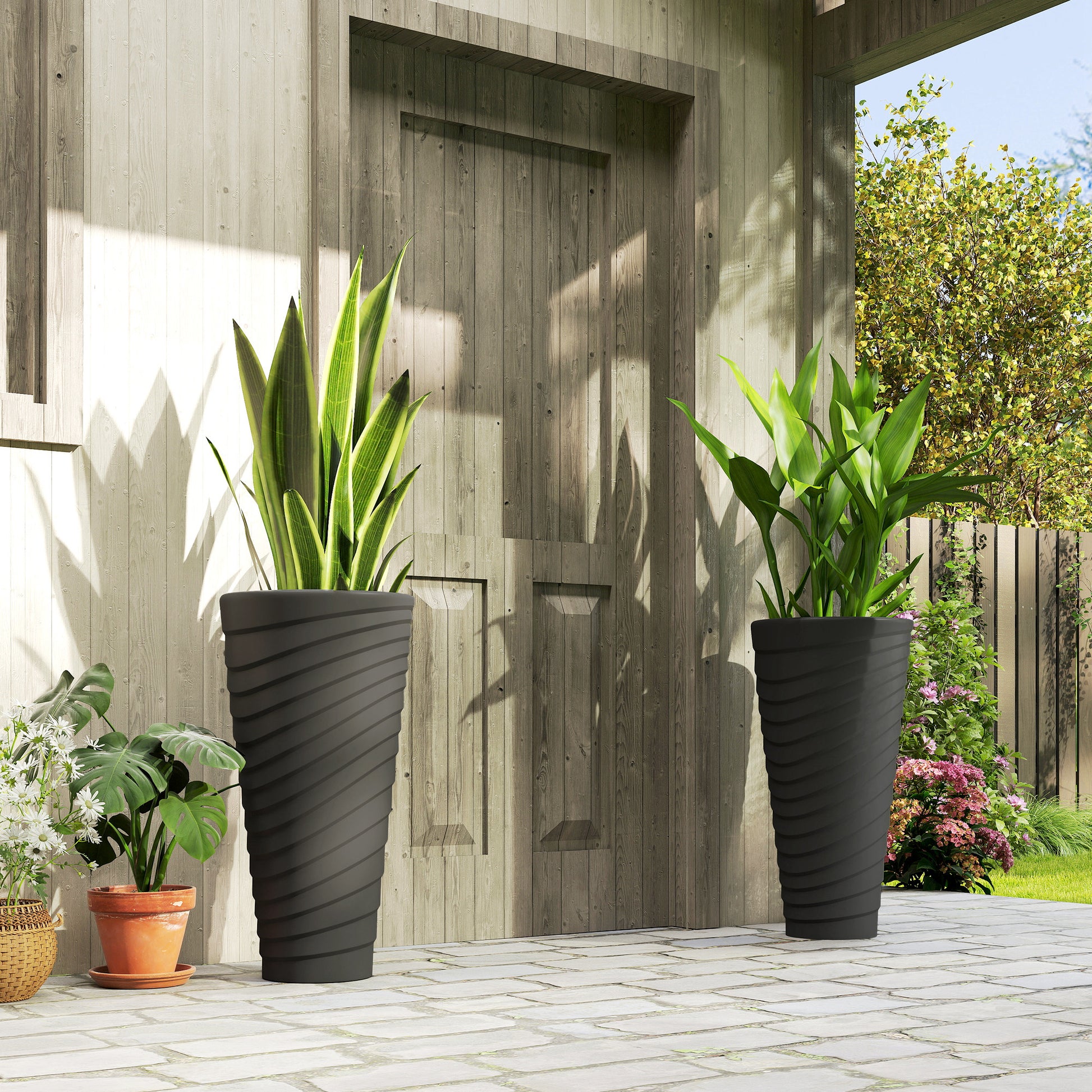 29" Tall Planters Set of 2, Indoor Outdoor Stackable Taper Planters with Drainage Holes, Black