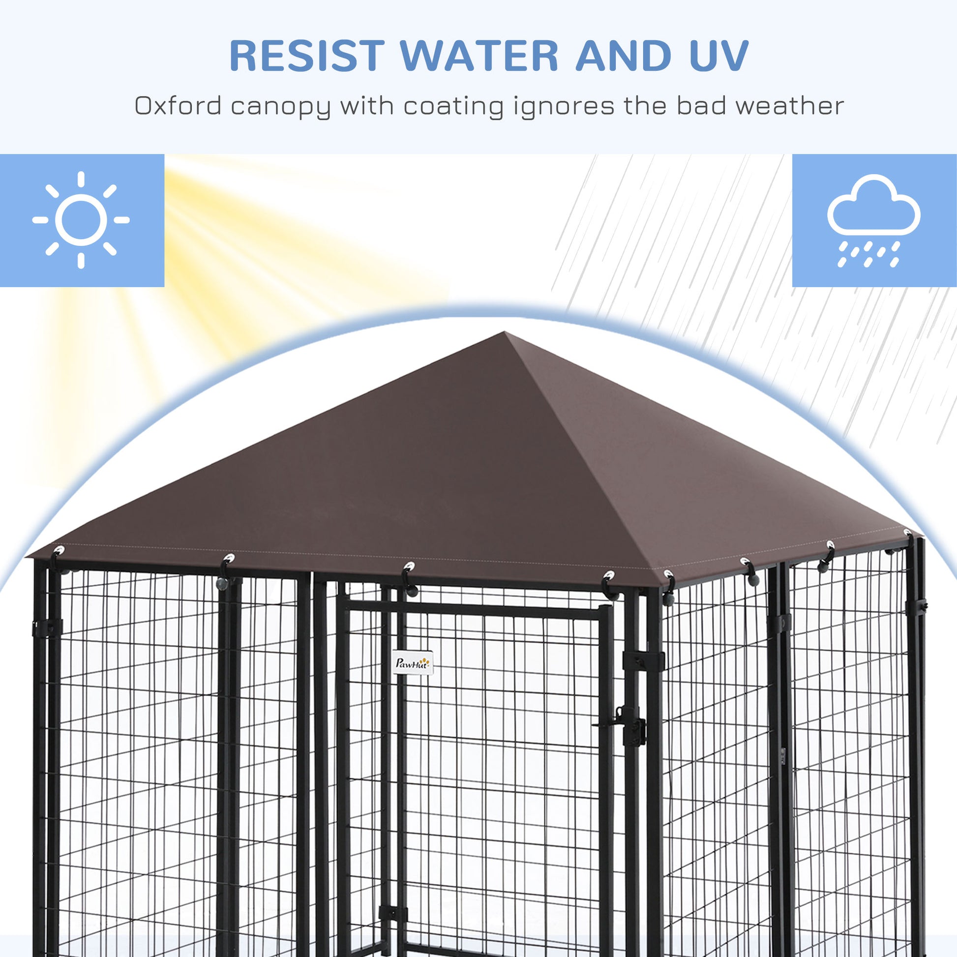 Outdoor Dog Kennel, Welded Wire Steel Fence, Lockable Pet Playpen Crate, with Water-, UV-Resistant Canopy Top, Door, 4.6