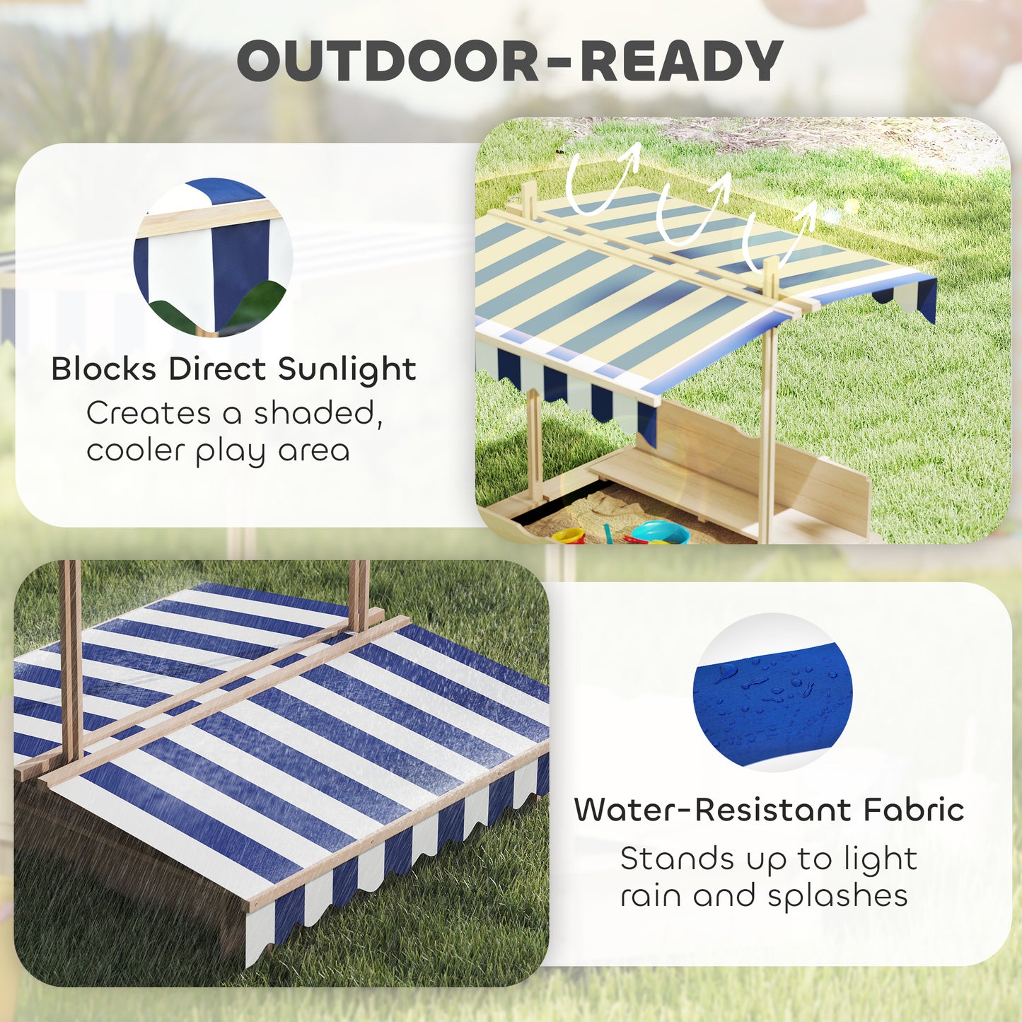 Kids Wooden Sandbox Outdoor Backyard Playset Children Play Station w/ Adjustable Canopy & Convertible Bench Sand for 3-7