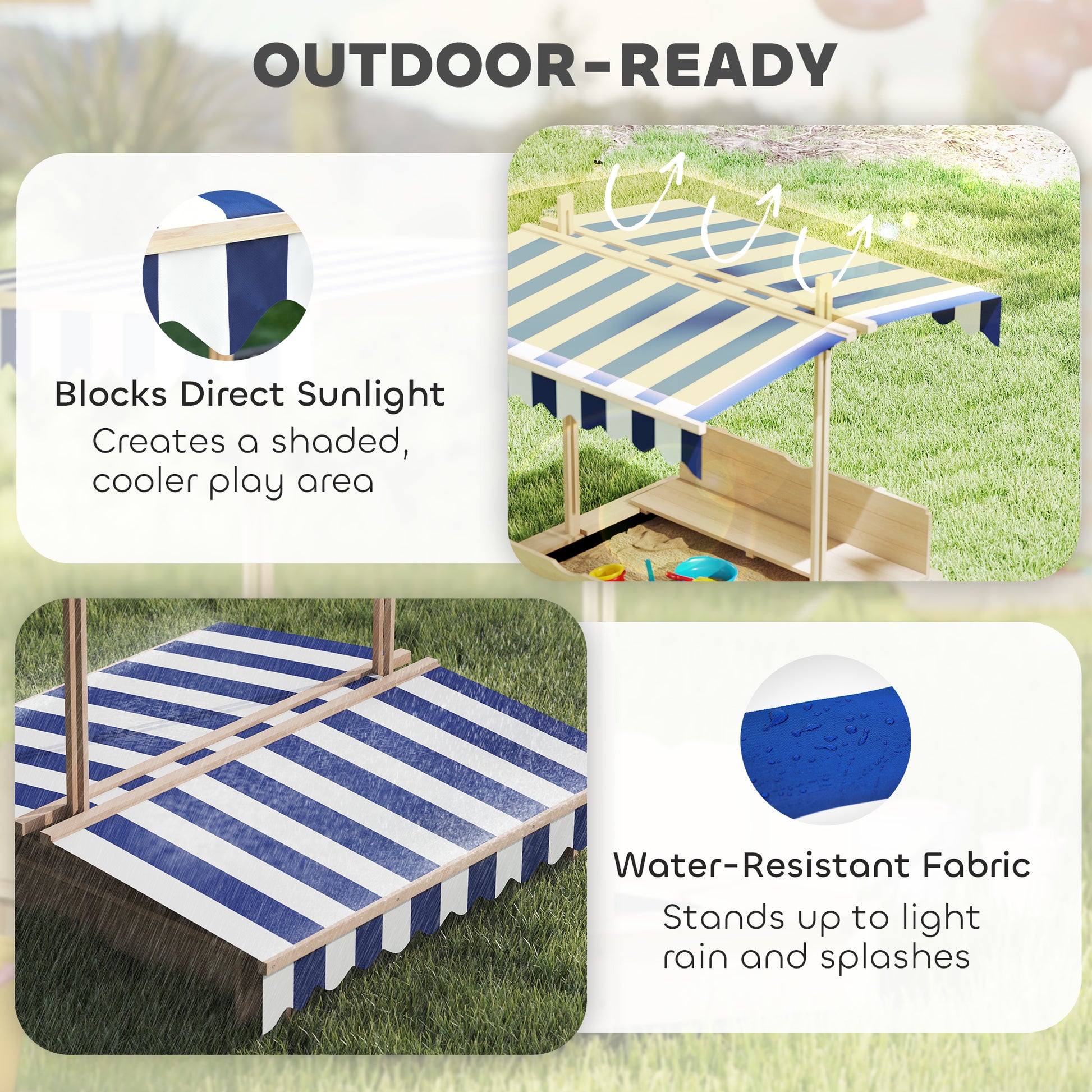 Kids Wooden Sandbox Outdoor Backyard Playset Children Play Station w/ Adjustable Canopy & Convertible Bench Sand for 3-7