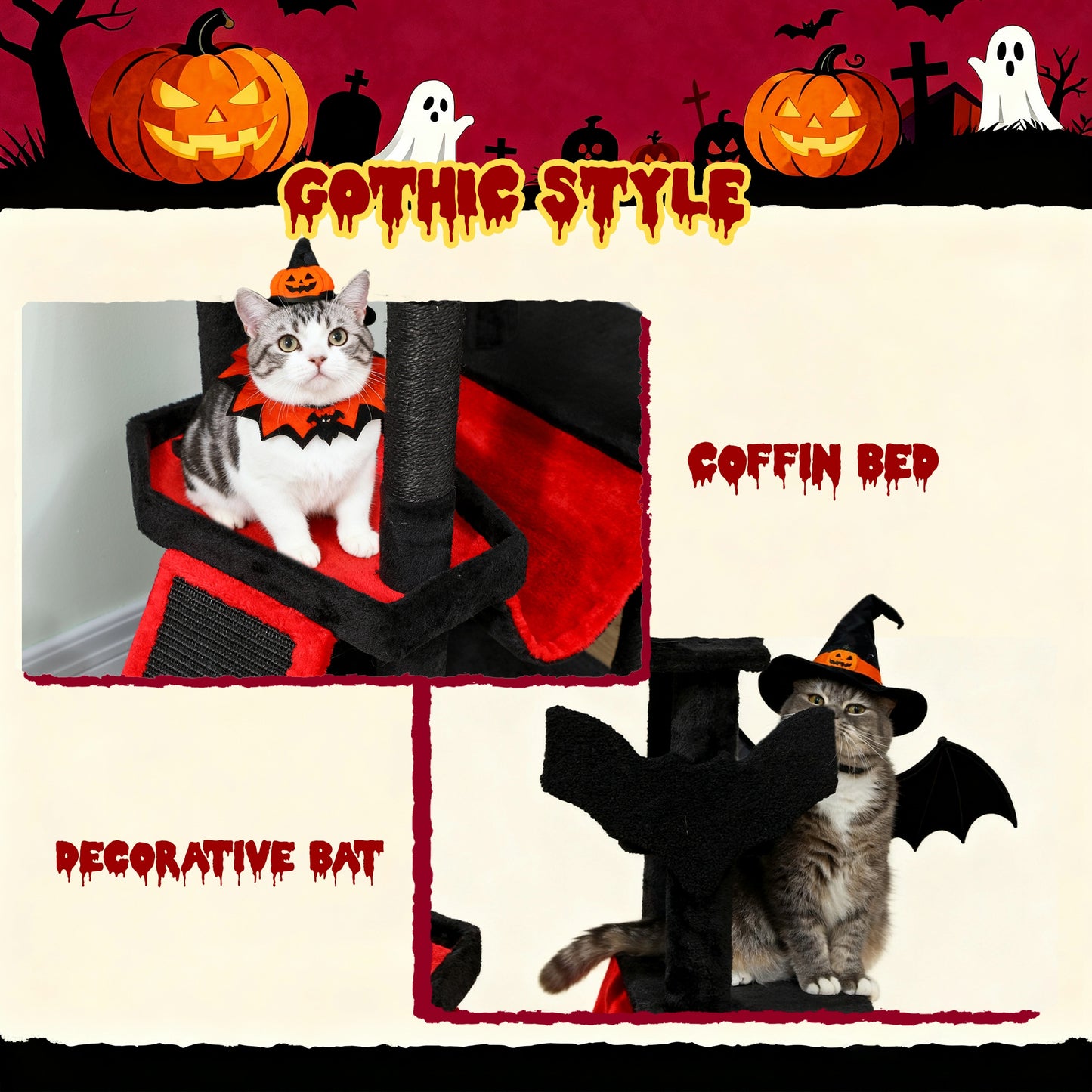 Gothic Cat Tree, 60" Tall Cat Tower with Coffin Bed,  Sisal Scratching Posts & Ramp, Condo, Hammock, Perches, Black