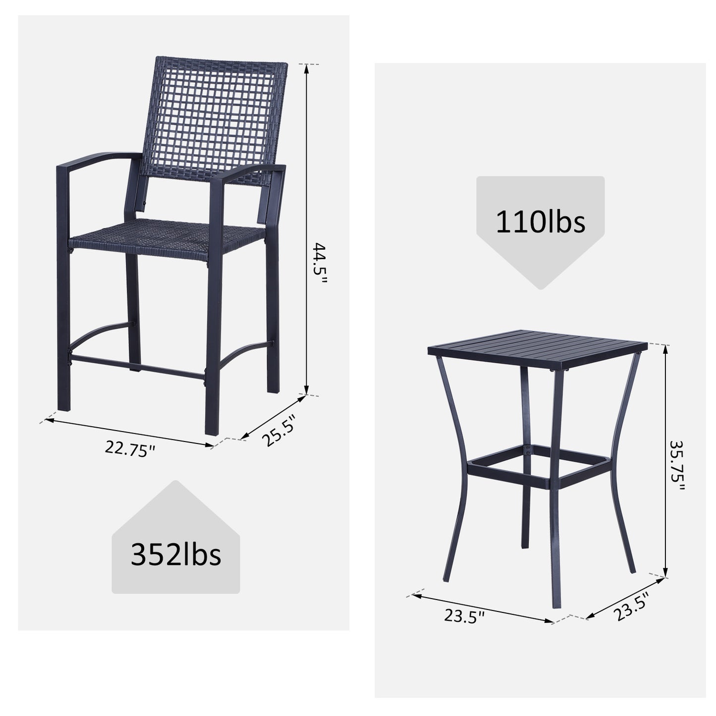 3 Pieces Outdoor Wicker Bar Set, Classic Bistro Bar Set Garden Rattan Style Patio Bar Table & High Chairs w/ Cushions Ho