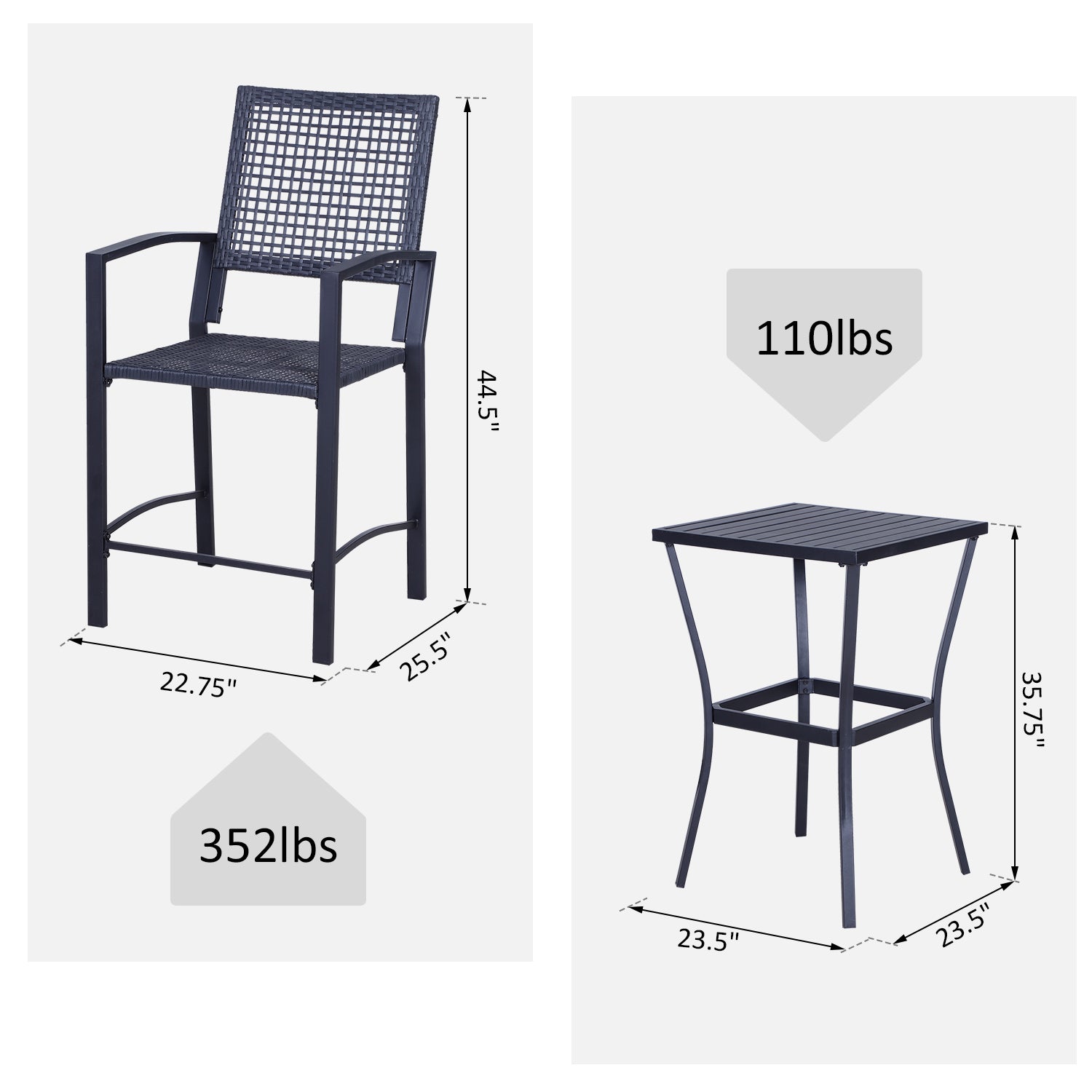 3 Pieces Outdoor Wicker Bar Set, Classic Bistro Bar Set Garden Rattan Style Patio Bar Table & High Chairs w/ Cushions Ho