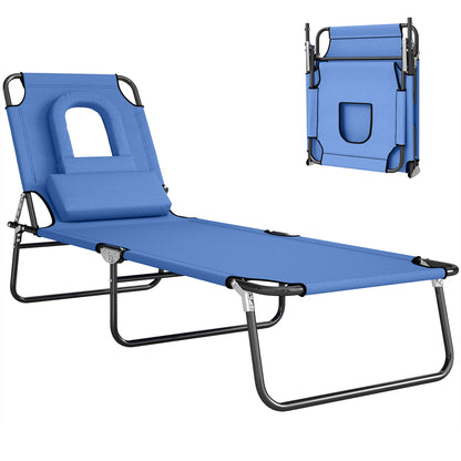 Folding Chaise Lounge Chair, Reclining Beach Tanning Chair with Face Hole, Pillow, 4-Position Adjustable Lay Flat Sun Lo