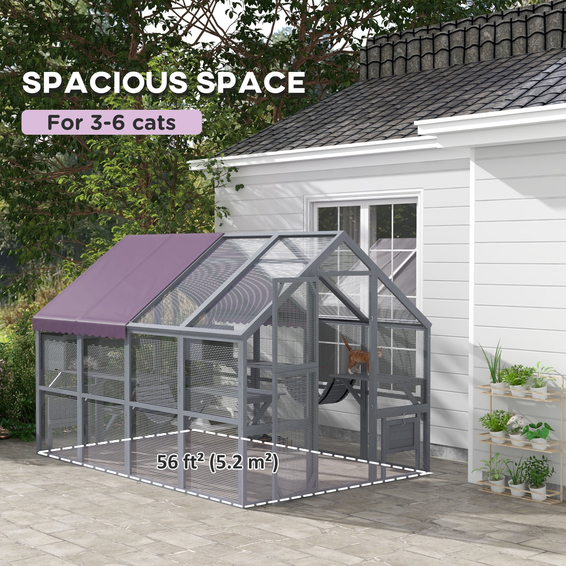 Outdoor Cat Enclosure Wooden Feral Cat House w/ Weatherproof Canopy, Bridges, Resting Boxes, Platforms, for 3-6 Cats