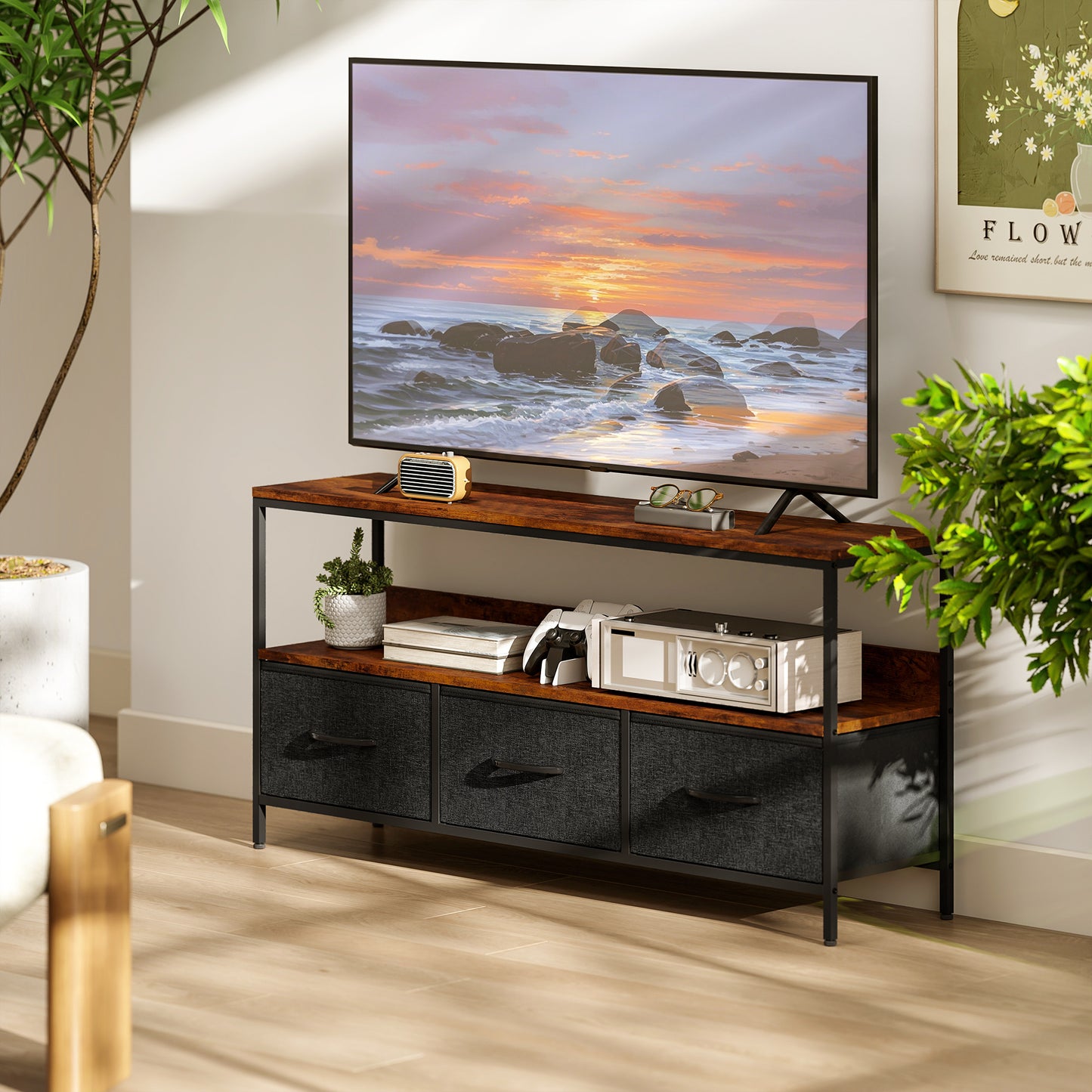 TV Stand with Charging Station, TV Table with 3 Foldable Linen Drawers and Open Shelf for 55 Inch Television, Rustic Bro