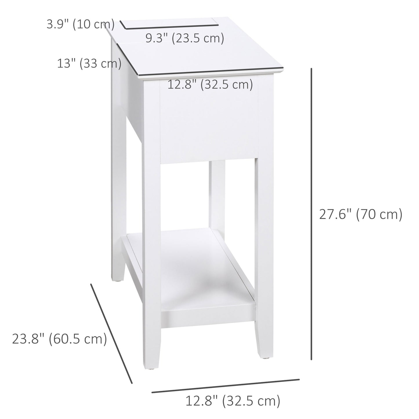 Flip Top End Table, Side Table with Storage Shelf and Cable Management, Narrow Nightstand for Living Room, Bedroom, Whit