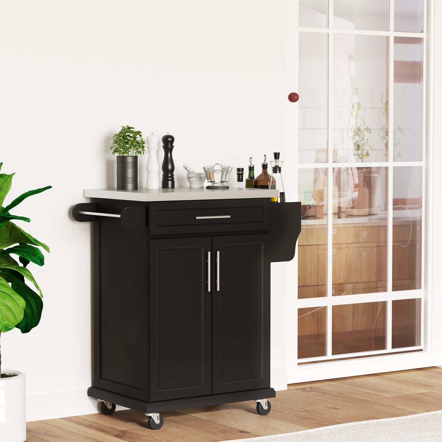 Kitchen Island with Stainless Steel Top, Rolling Kitchen Cart on Wheels with Storage Drawer, Cabinet, Towel Rack and Spi
