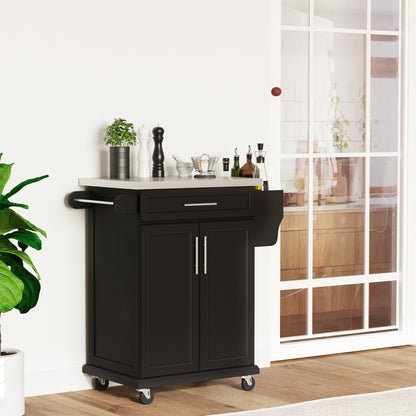 Kitchen Island with Stainless Steel Top, Rolling Kitchen Cart on Wheels with Storage Drawer, Cabinet, Towel Rack and Spi