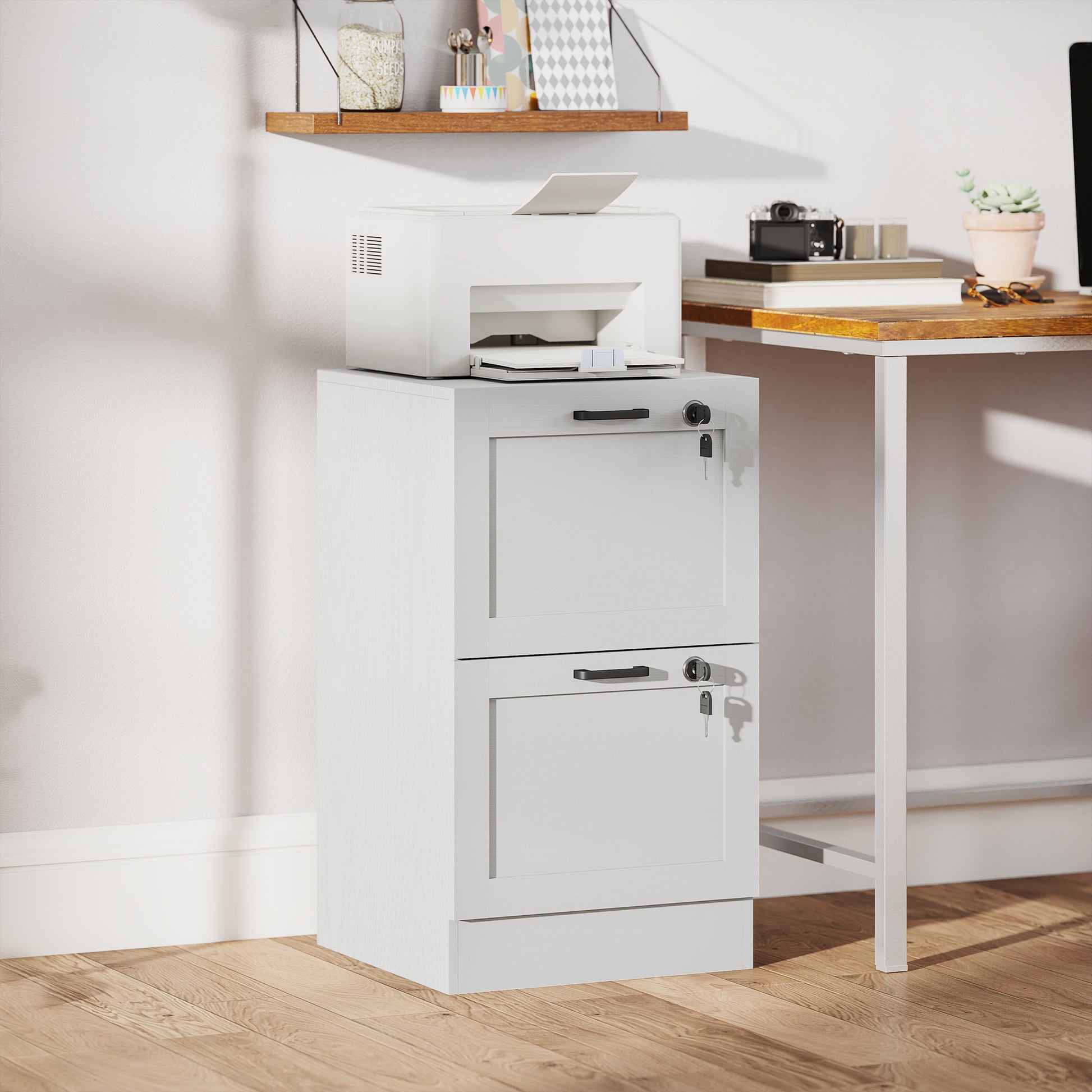 Vertical Filing Cabinet with 2 Drawers, Lock, File Cabinet for Home Office, A4 and Letter Size Files, White