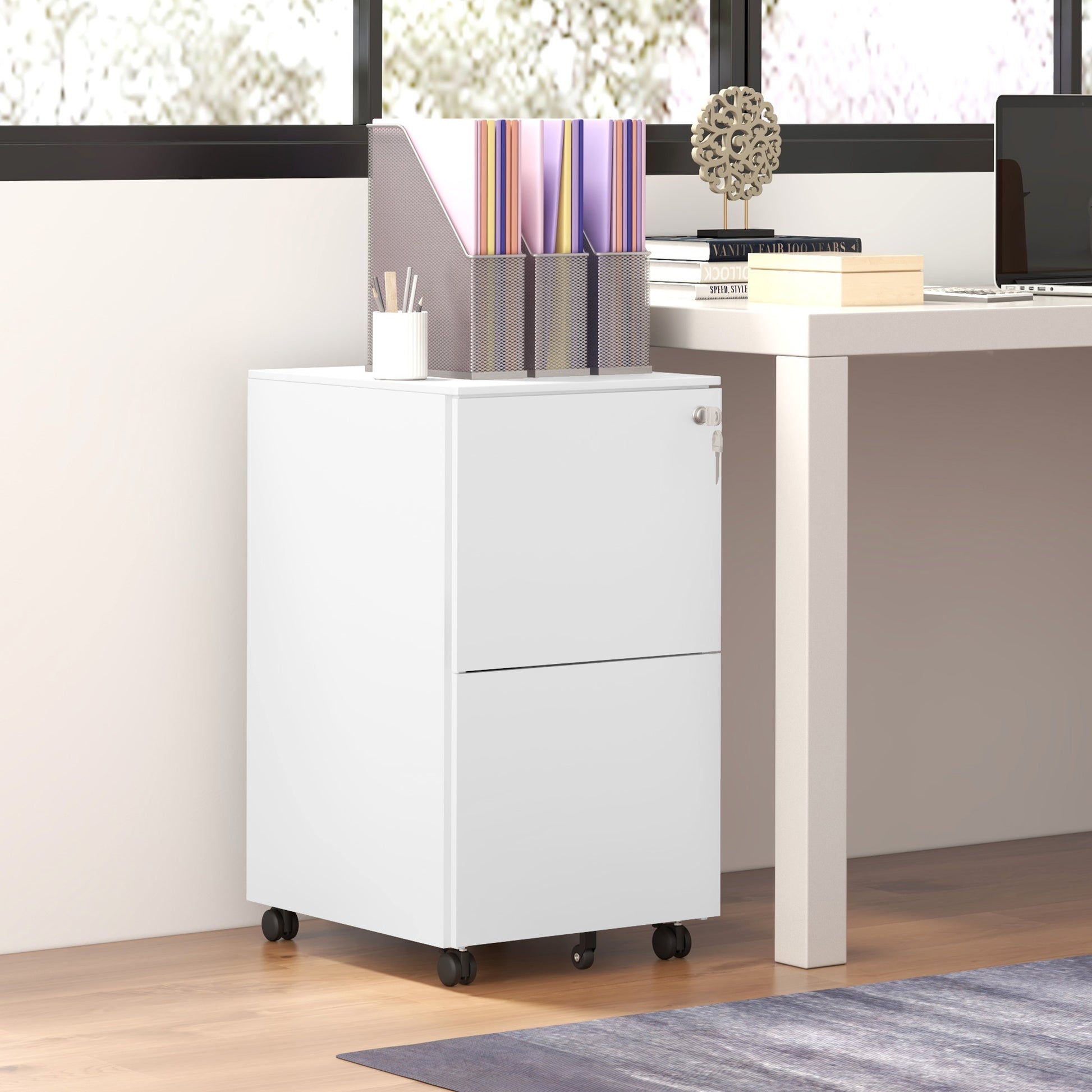 Vertical Steel Filing Cabinet on Wheels, 2-Drawer Lockable File Cabinet with Adjustable Hanging Bar for A4, Legal and Le