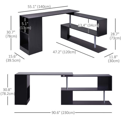 55" Corner Computer Desk, 360° Rotating L-Shaped Desk, Home Office Workstation with 3-Tier Shelves, Bookshelf, Black
