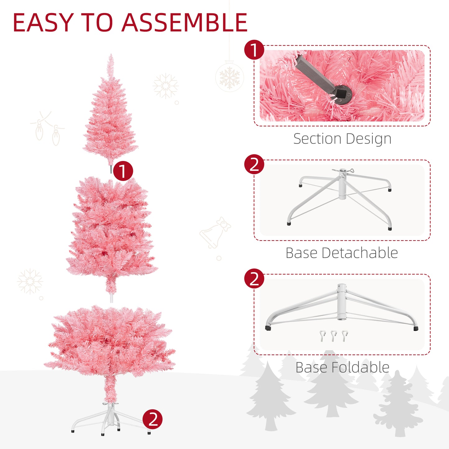 6ft Tall Pencil Artificial Christmas Tree with 479 Branch Tips with Steel Base, Pink
