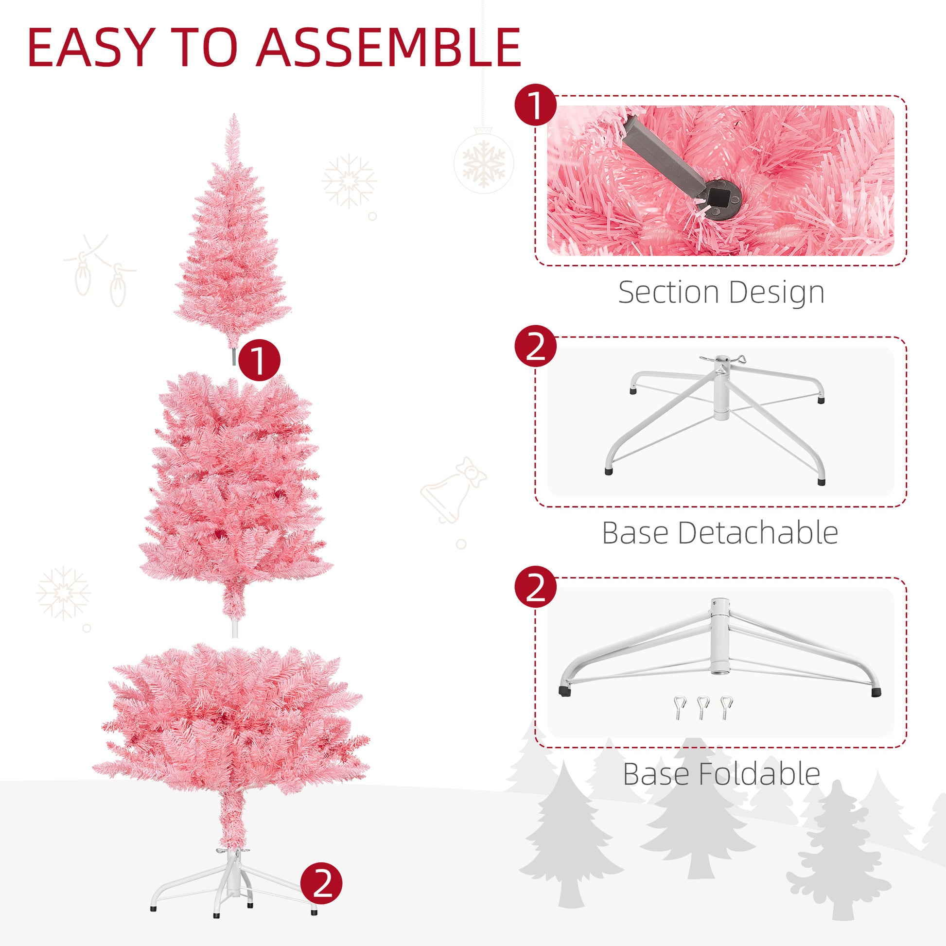 6ft Tall Pencil Artificial Christmas Tree with 479 Branch Tips with Steel Base, Pink
