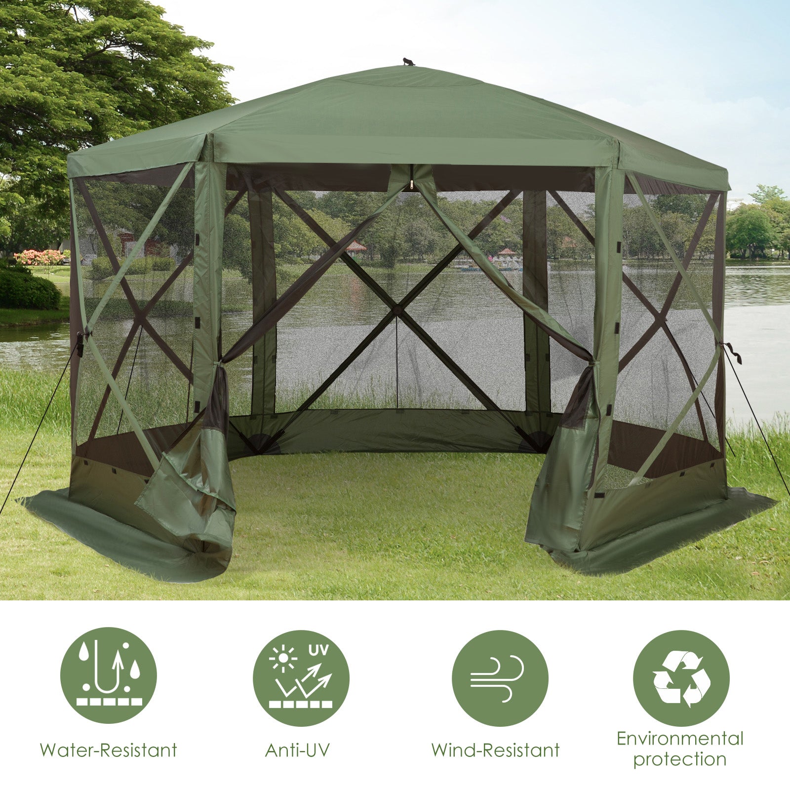 12' x 12' Hexagon Automatic Pop Up Screen Tents Camping Shelter Picnic Canopy Outdoor Sun Shade with Mesh Sidewalls and 