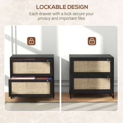 2-Drawer Filing Cabinet with Lock, Rattan File Cabinet with Adjustable Hanging Bar, Black