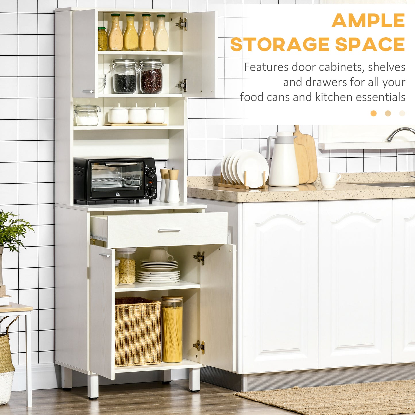 71"H Freestanding Kitchen Pantry, Buffet Cabinet with Hutch, Storage Cabinet with Drawer, Doors and Microwave Stand, Whi