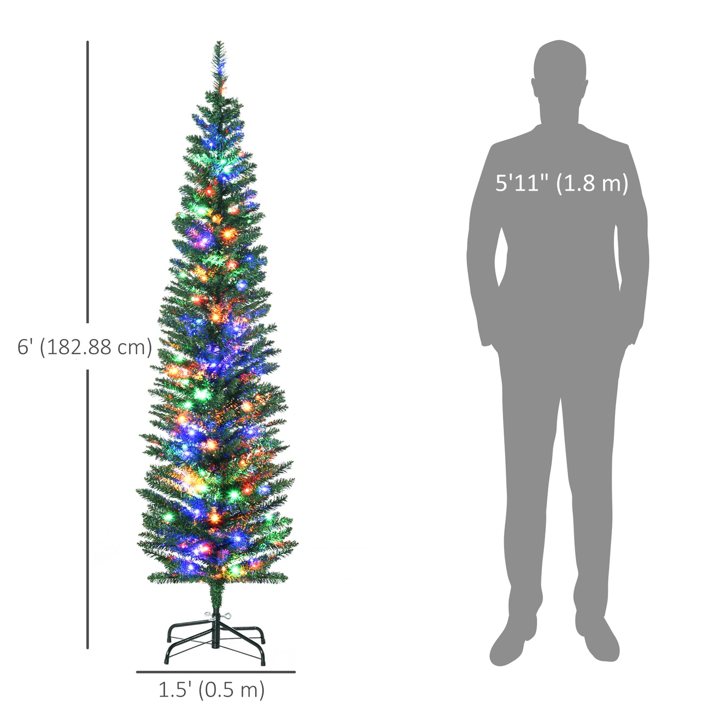 6' Artificial Pencil Christmas Trees Holiday Decoration with Colourful LED Lights, Steel Base, Skinny Shape