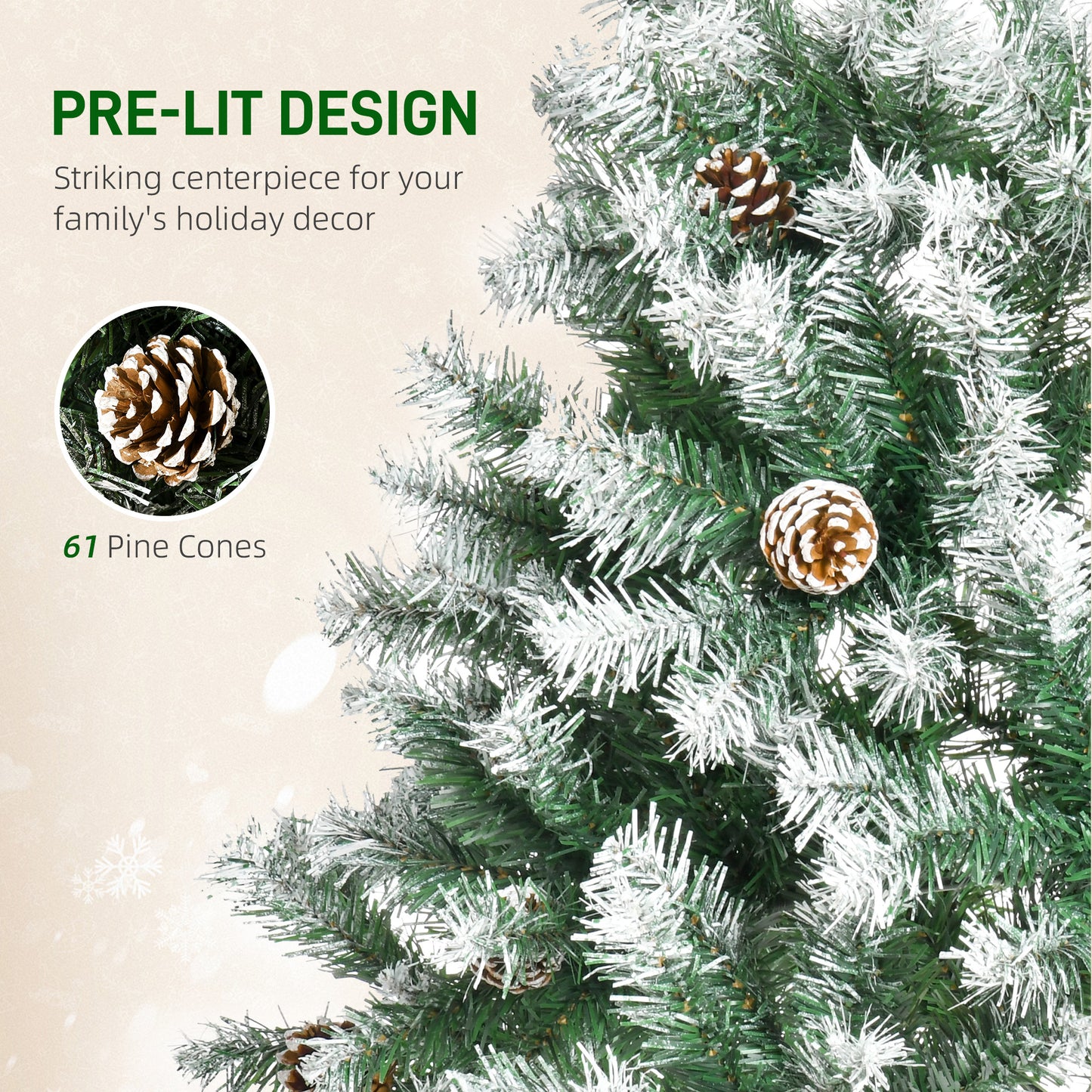 6ft Snow Flocked Artificial Christmas Tree, Unlit Full Fir Tree with Automatic Open, 800 Realistic Branches and 61 Pine 