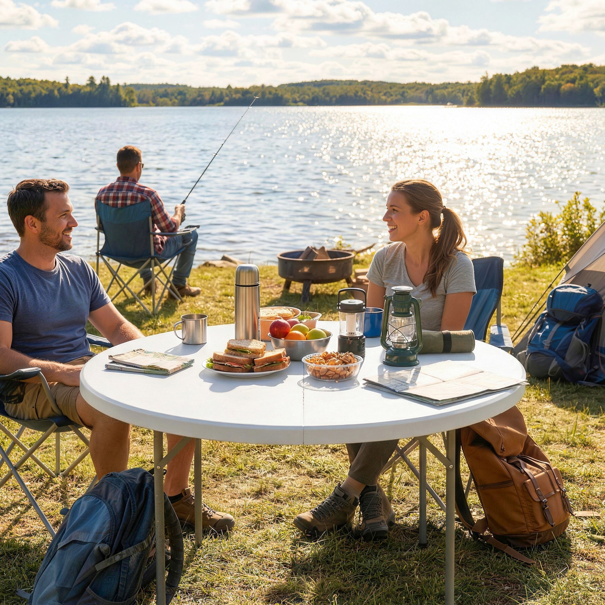 4ft Plastic Folding Picnic Table, Camping Table with Anti-Slip Foot Pads, Indoor Outdoor for Beach, BBQ, White