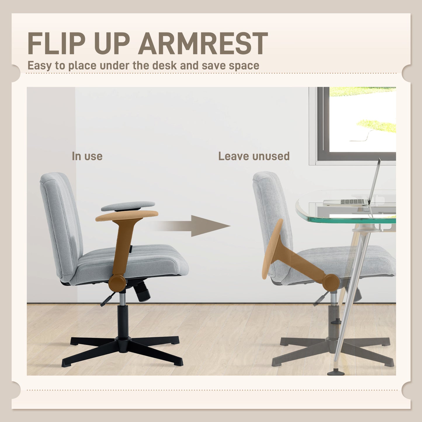 Criss Cross Chair with Flip-up Armrests, Wide Office Chair with Adjustable Height, Tilting, No Wheels, Grey