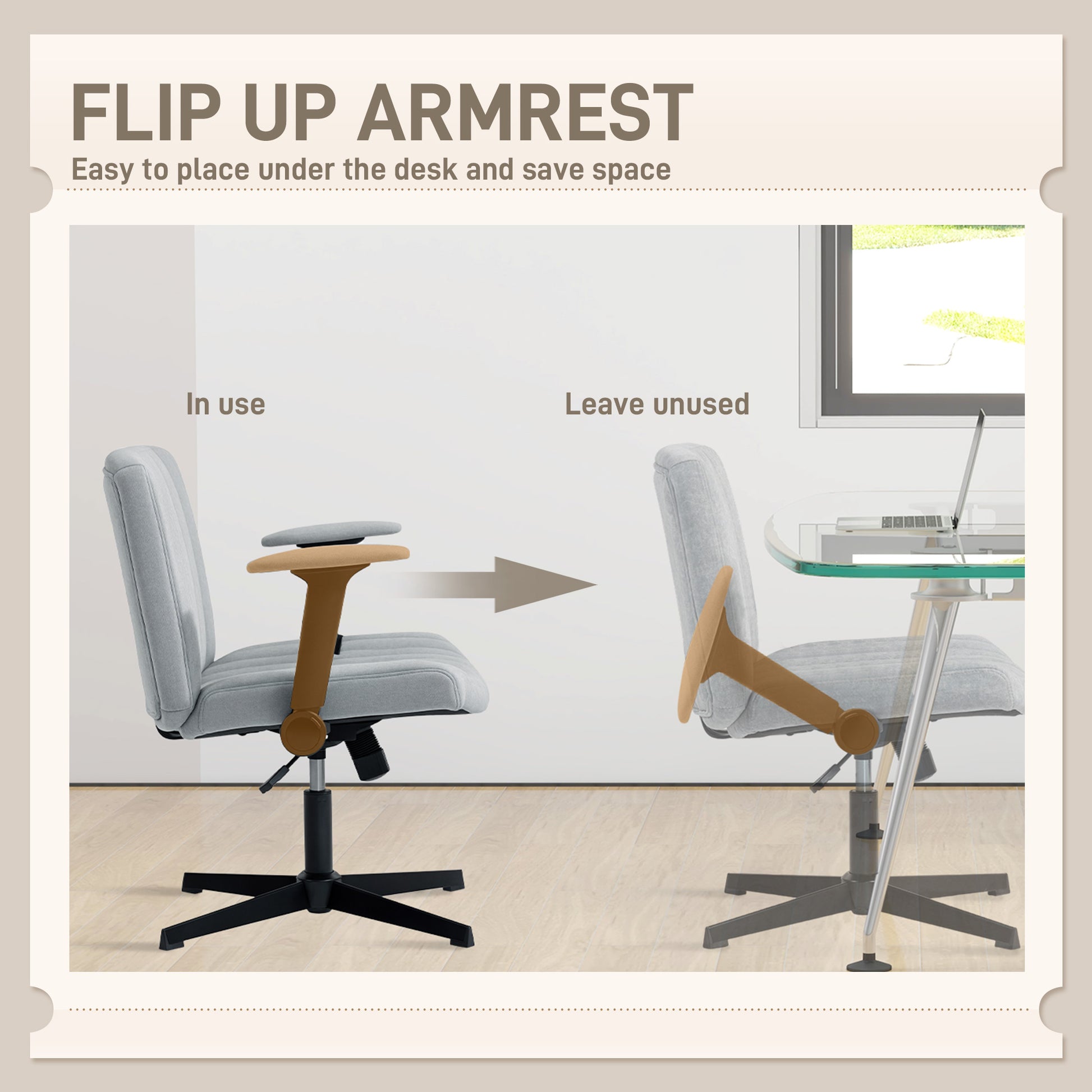 Criss Cross Chair with Flip-up Armrests, Wide Office Chair with Adjustable Height, Tilting, No Wheels, Grey