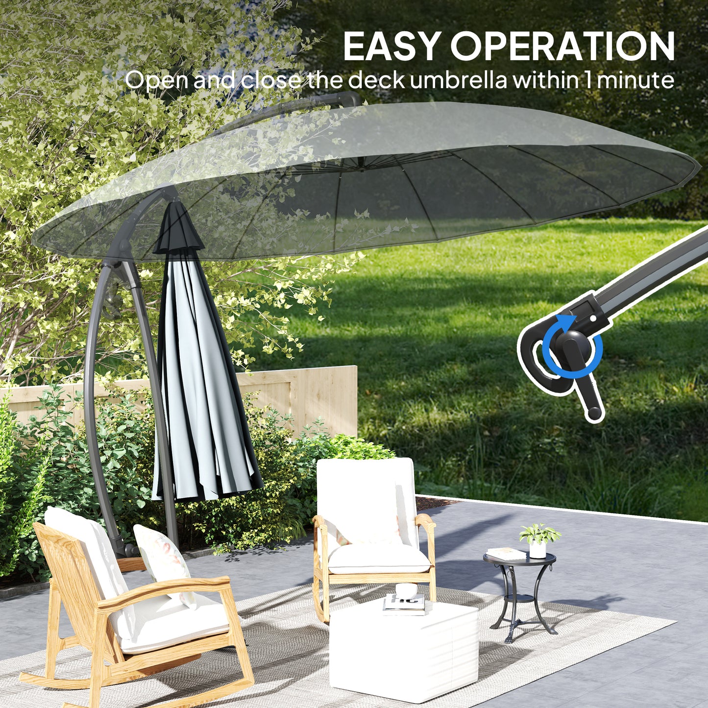 9FT Cantilever Umbrella with 16 Fibreglass Ribs, Offset Hanging Umbrella, Patio Umbrella with Crank and Cross Base, Grey