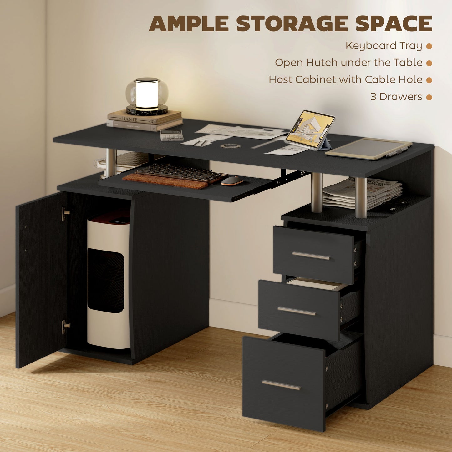 47" Computer Desk with Keyboard Tray and Storage Drawers, Home Office Workstation Table with Storage Shelves, Black