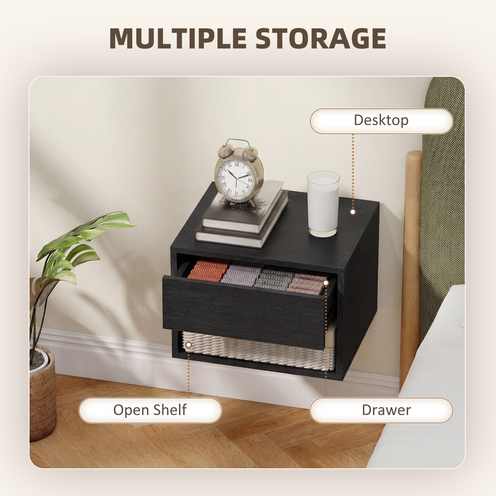 Floating Nightstand Set of 2, Wall Mounted Bedside Table with Drawer for Bedroom Black