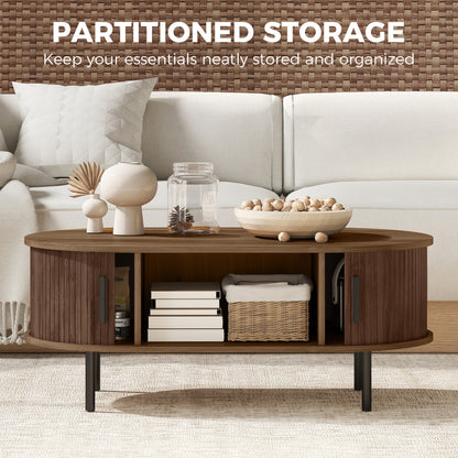 Coffee Table with Sliding Tambour Doors and Storage Center Table with Metal Legs, 39", Brown