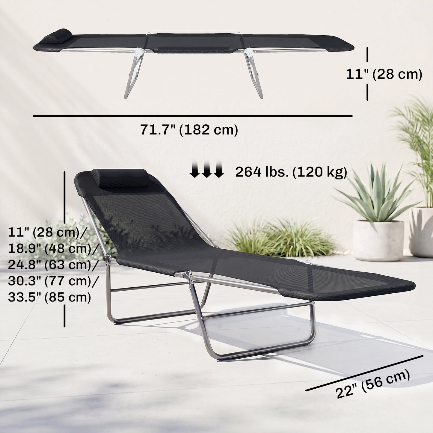 Outdoor Lounge Chair, Portable Adjustable Reclining Seat Folding Chaise Lounge Patio Camping Beach Tanning Chair Bed wit