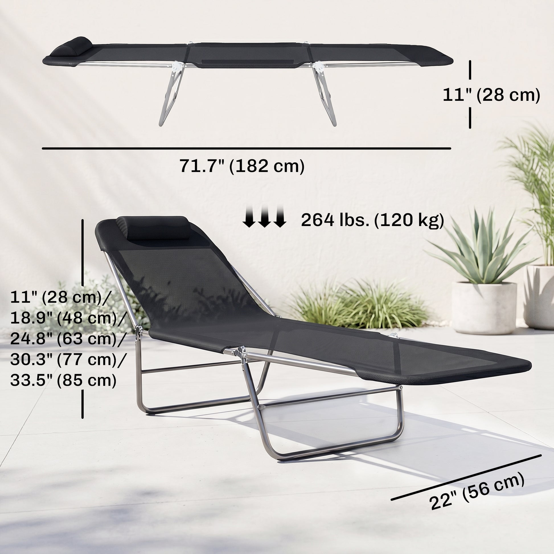 Outdoor Lounge Chair, Portable Adjustable Reclining Seat Folding Chaise Lounge Patio Camping Beach Tanning Chair Bed wit