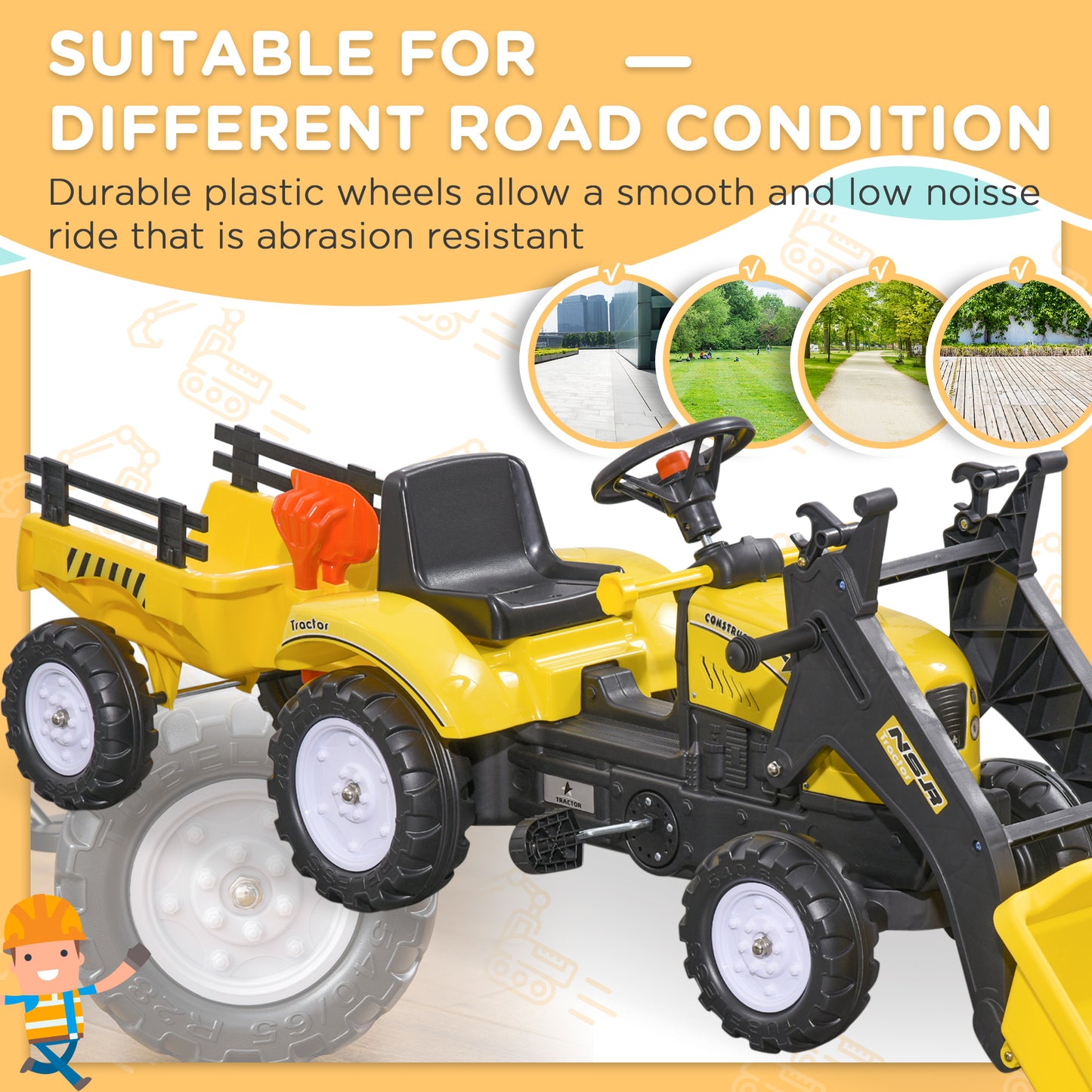 VarietyKart Front Loader Excavator Ride On Toy Pedal Control with 6 Wheels Controllable Bucket for 3 Years Old, Yellow